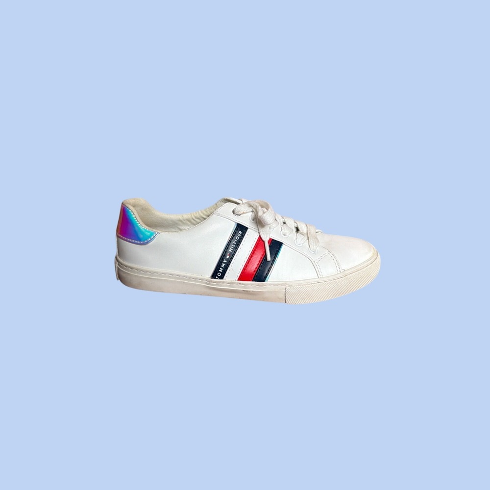 Tommy Hilfiger Womens White Sneakers Iridescent Heel Stripe Lace Up Shoes Size 7
